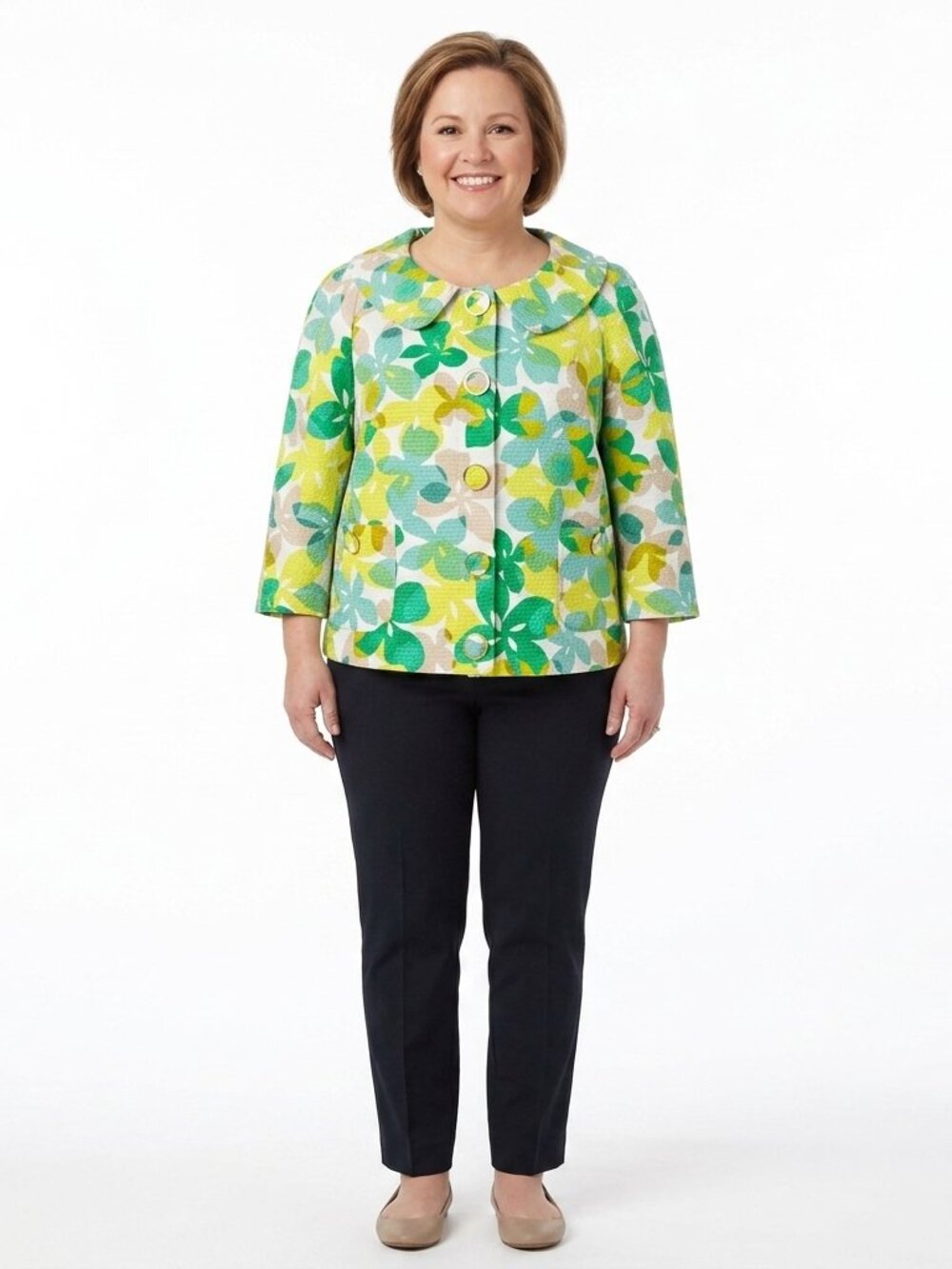 Josephine "Go Green" Textured Cotton Print Crop Sleeve Jacket NEW- Sz. 14P - Picture 2 of 6